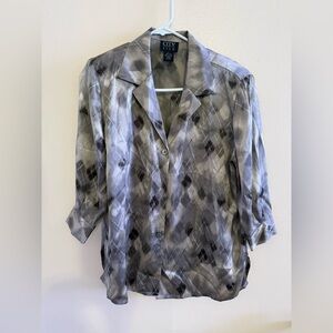 Gray 3/4 Sleeve Boxy Blouse with Notched Collar City 100% Silk